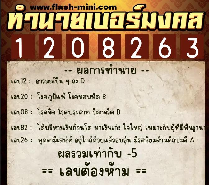 ทำนายเบอร์มงคล 0XX-1208263  ทำนายเบอร์มงคล หมายเลข 066-120826 