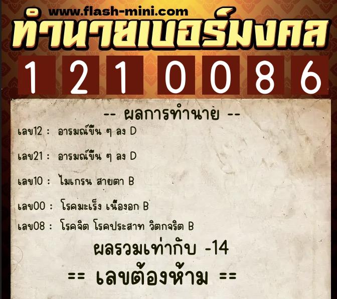 ทำนายเบอร์มงคล 0XX-1210086  ทำนายเบอร์มงคล หมายเลข 062-121008 