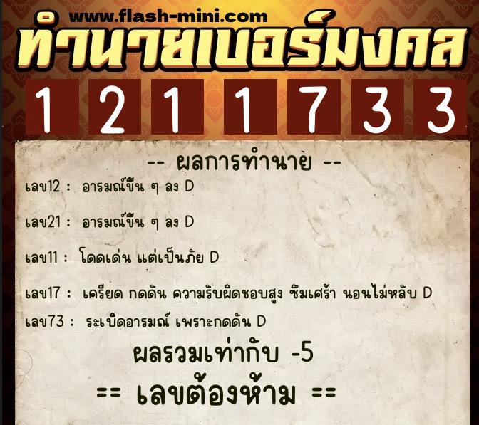 ทำนายเบอร์มงคล 0XX-1211733  ทำนายเบอร์มงคล หมายเลข 099-121173 