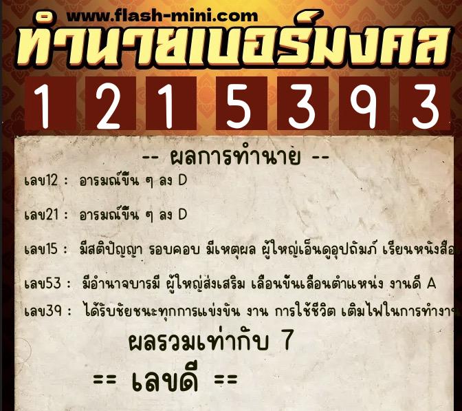 ทำนายเบอร์มงคล 0XX-1215393  ทำนายเบอร์มงคล หมายเลข 099-121539 