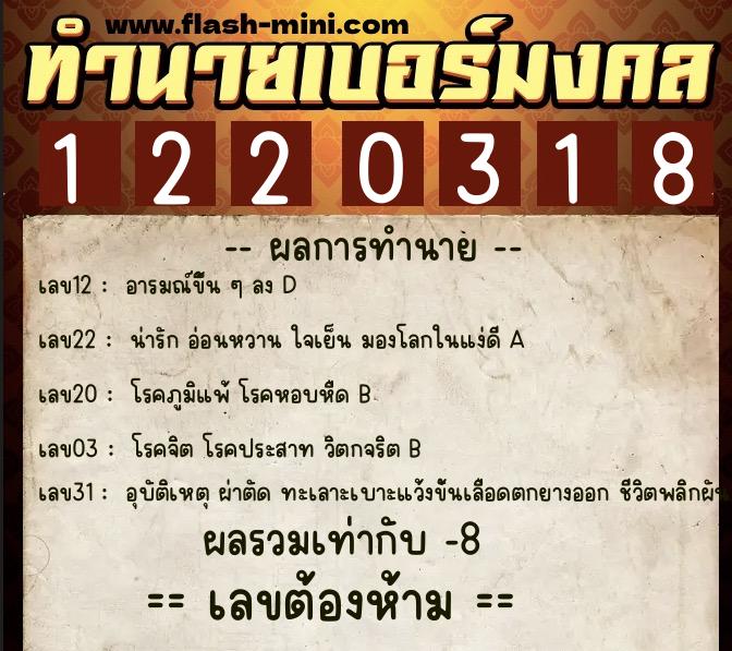 ทำนายเบอร์มงคล 0XX-1220318  ทำนายเบอร์มงคล หมายเลข 080-122031 