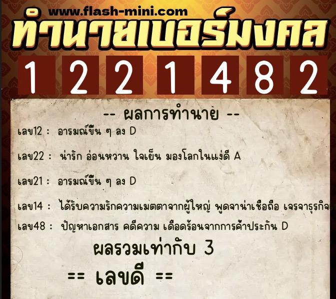 ทำนายเบอร์มงคล 0XX-1221482  ทำนายเบอร์มงคล หมายเลข 082-122148 