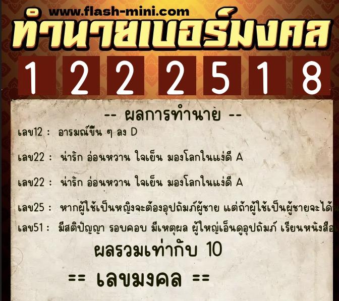 ทำนายเบอร์มงคล 0XX-1222518  ทำนายเบอร์มงคล หมายเลข 065-122251 
