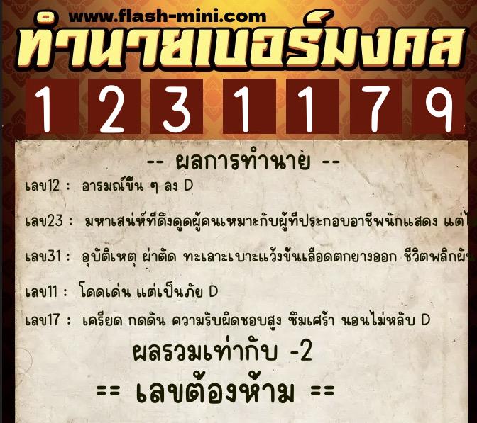ทำนายเบอร์มงคล 0XX-1231179  ทำนายเบอร์มงคล หมายเลข 086-123117 