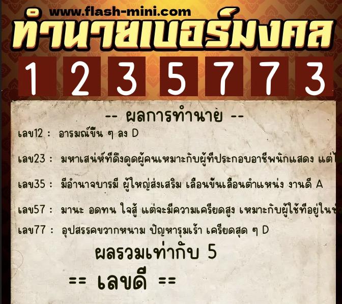 ทำนายเบอร์มงคล 0XX-1235773  ทำนายเบอร์มงคล หมายเลข 098-123577 