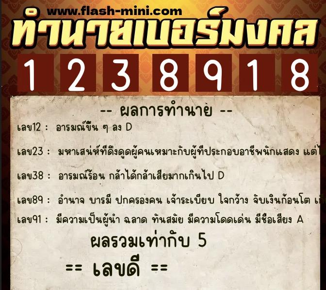 ทำนายเบอร์มงคล 0XX-1238918  ทำนายเบอร์มงคล หมายเลข 098-123891 