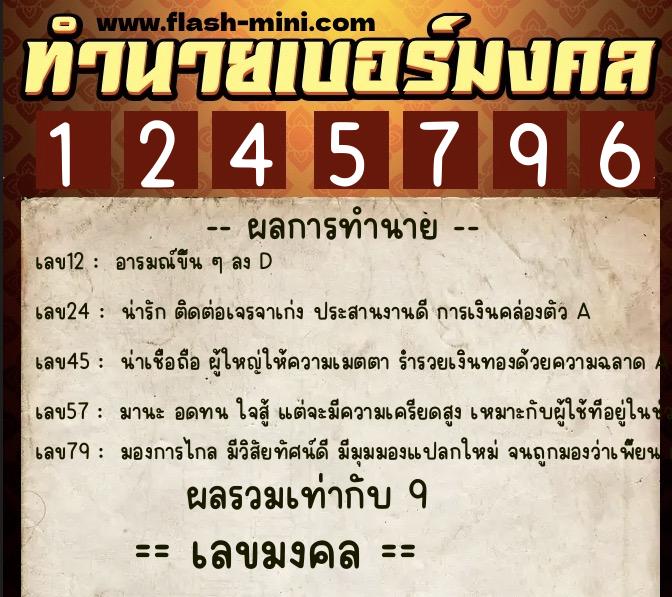 ทำนายเบอร์มงคล 0XX-1245796  ทำนายเบอร์มงคล หมายเลข 084-124579 