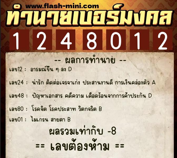 ทำนายเบอร์มงคล 0XX-1248012  ทำนายเบอร์มงคล หมายเลข 069-124801 