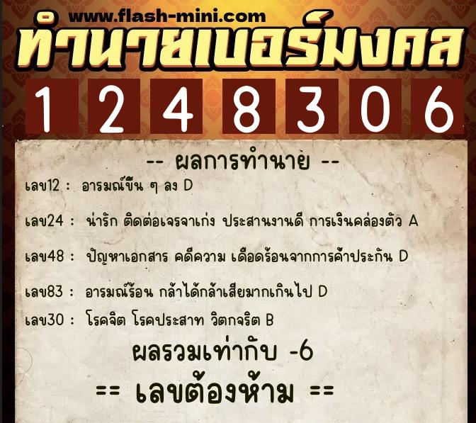 ทำนายเบอร์มงคล 0XX-1248306  ทำนายเบอร์มงคล หมายเลข 065-124830 
