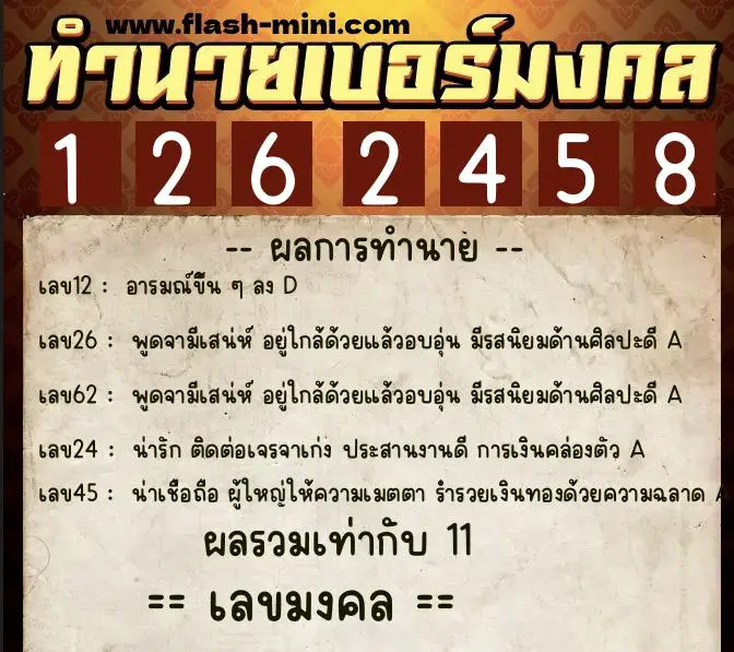 ทำนายเบอร์มงคล 0XX-1262458  ทำนายเบอร์มงคล หมายเลข 086-126245 
