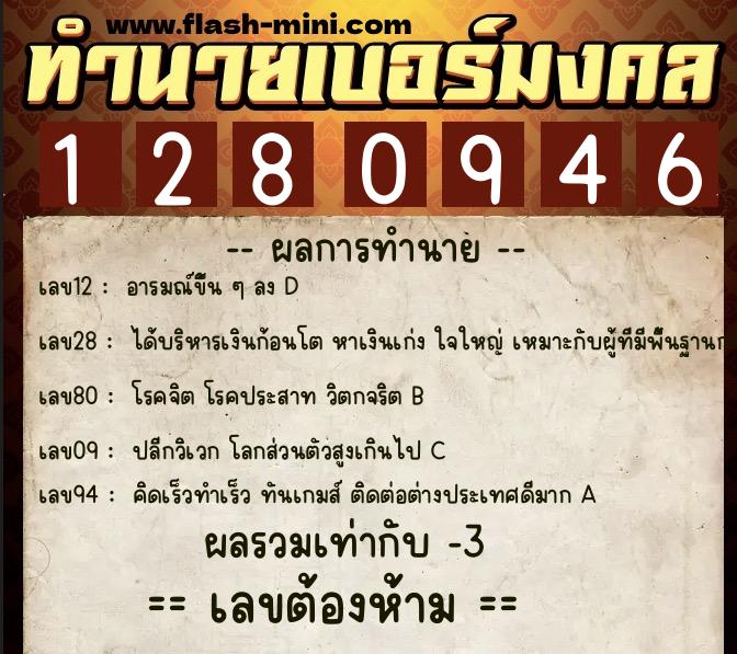 ทำนายเบอร์มงคล 0XX-1280946  ทำนายเบอร์มงคล หมายเลข 087-128094 