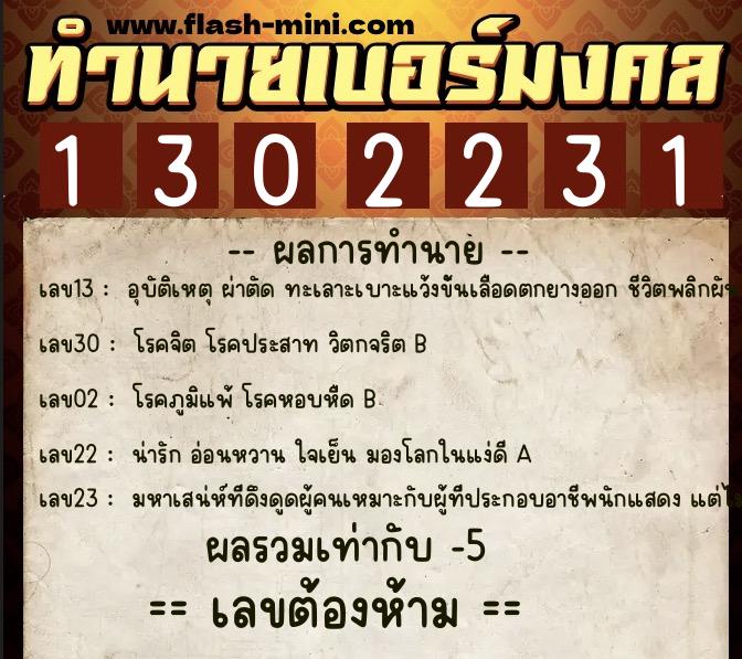 ทำนายเบอร์มงคล 0XX-1302231  ทำนายเบอร์มงคล หมายเลข 090-130223 