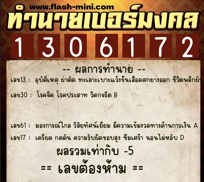 ทำนายเบอร์มงคล 0XX-1306172  ทำนายเบอร์มงคล หมายเลข 093-130617 