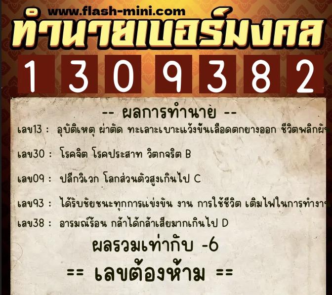 ทำนายเบอร์มงคล 0XX-1309382  ทำนายเบอร์มงคล หมายเลข 082-130938 