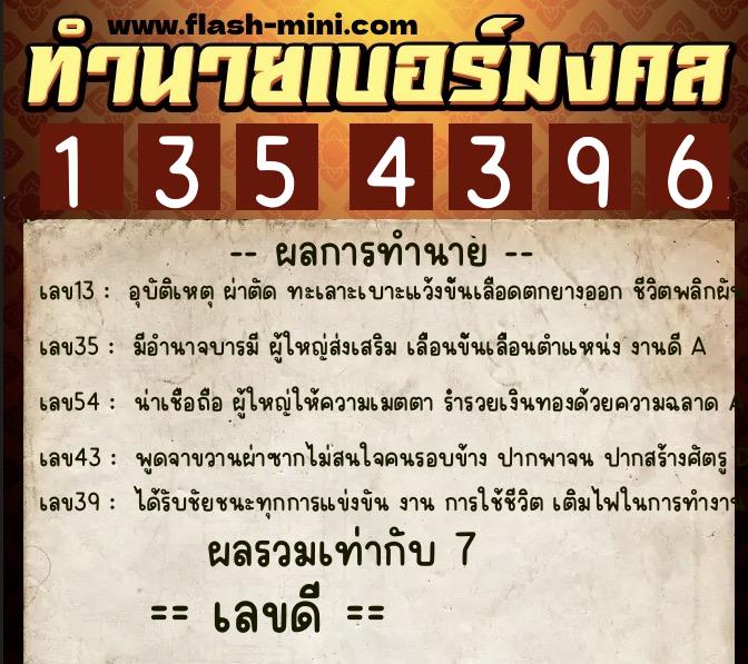 ทำนายเบอร์มงคล 0XX-1354396  ทำนายเบอร์มงคล หมายเลข 063-135439 