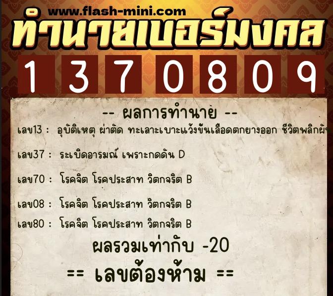ทำนายเบอร์มงคล 0XX-1370809  ทำนายเบอร์มงคล หมายเลข 099-137080 