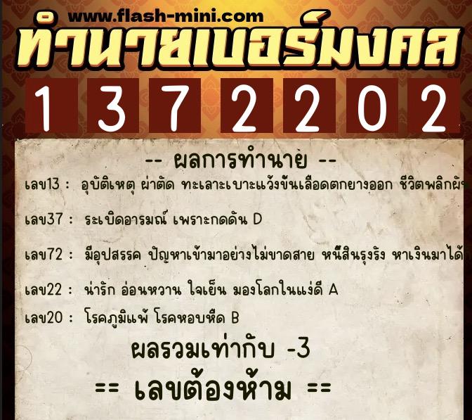 ทำนายเบอร์มงคล 0XX-1372202  ทำนายเบอร์มงคล หมายเลข 094-137220 