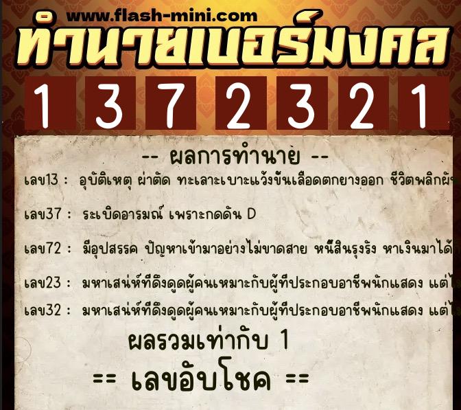 ทำนายเบอร์มงคล 0XX-1372321  ทำนายเบอร์มงคล หมายเลข 083-137232 