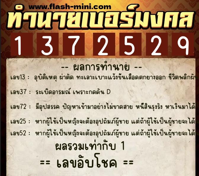 ทำนายเบอร์มงคล 0XX-1372529  ทำนายเบอร์มงคล หมายเลข 066-137252 