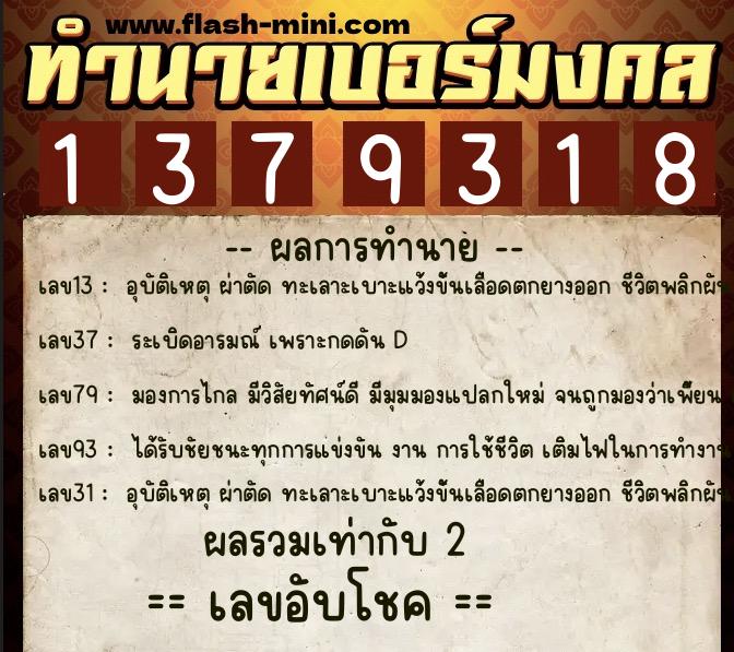 ทำนายเบอร์มงคล 0XX-1379318  ทำนายเบอร์มงคล หมายเลข 092-137931 