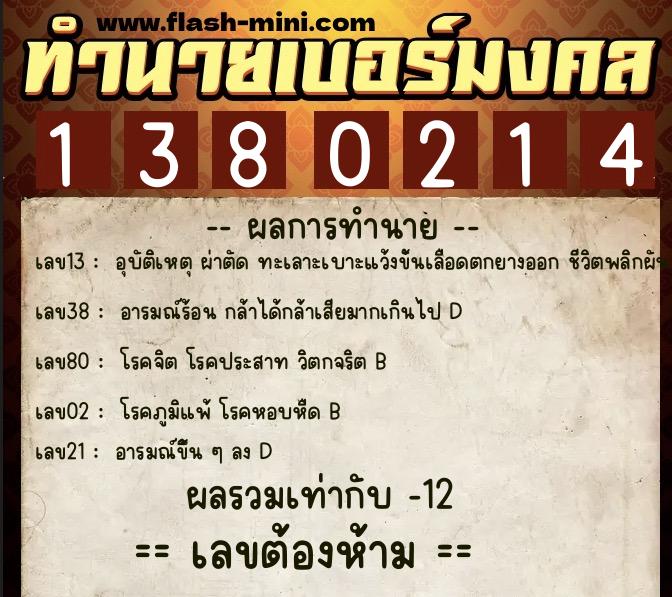 ทำนายเบอร์มงคล 0XX-1380214 ทำนายเบอร์มงคล หมายเลข 080-138021 ทำนายเบอร์มงคล 0XX-1380214 ทำนายเบอร์มงคล หมายเลข 080-138021