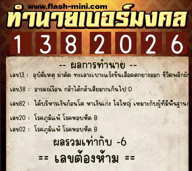 ทำนายเบอร์มงคล 0XX-1382026  ทำนายเบอร์มงคล หมายเลข 083-138202 