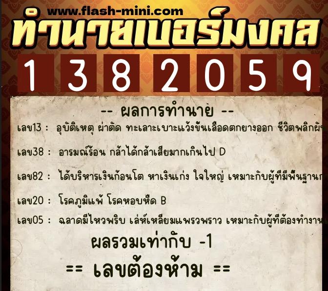 ทำนายเบอร์มงคล 0XX-1382059  ทำนายเบอร์มงคล หมายเลข 060-138205 