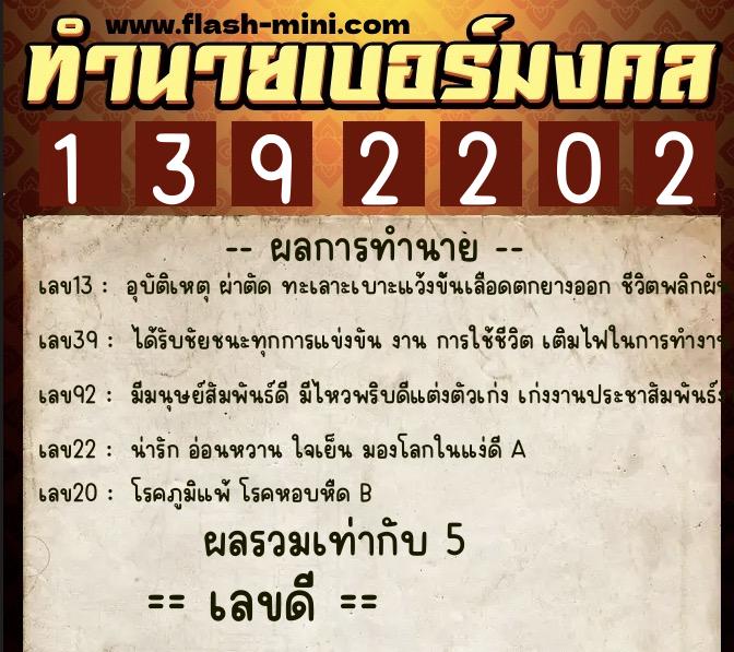ทำนายเบอร์มงคล 0XX-1392202  ทำนายเบอร์มงคล หมายเลข 097-139220 
