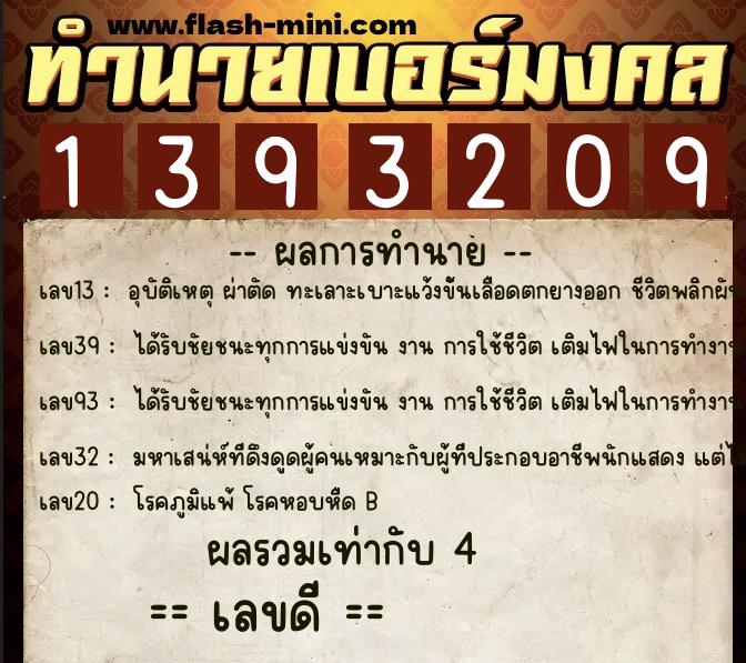 ทำนายเบอร์มงคล 0XX-1393209  ทำนายเบอร์มงคล หมายเลข 067-139320 