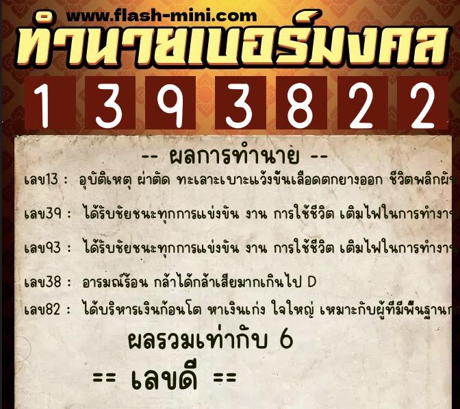 ทำนายเบอร์มงคล 0XX-1393822  ทำนายเบอร์มงคล หมายเลข 084-139382 