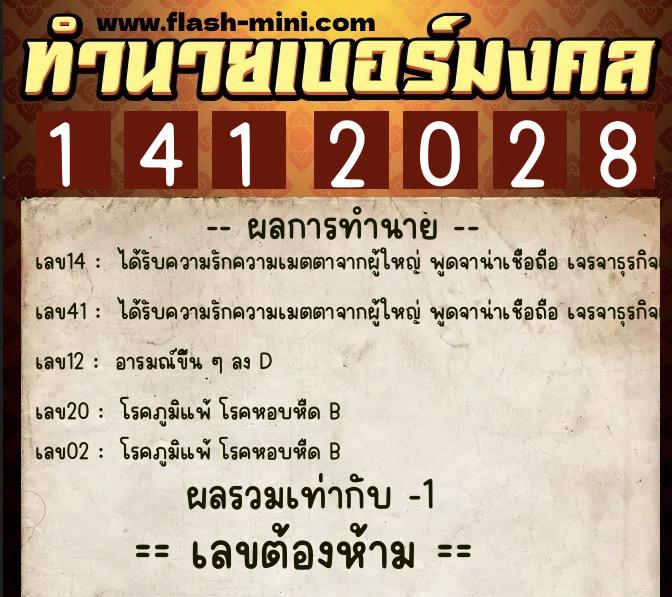 ทำนายเบอร์มงคล 0XX-1412028  ทำนายเบอร์มงคล หมายเลข 085-141202 