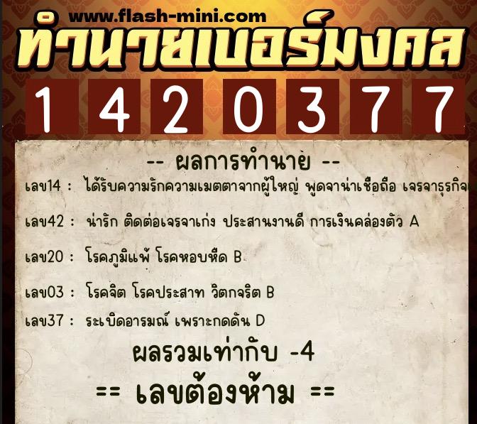 ทำนายเบอร์มงคล 0XX-1420377  ทำนายเบอร์มงคล หมายเลข 065-142037 