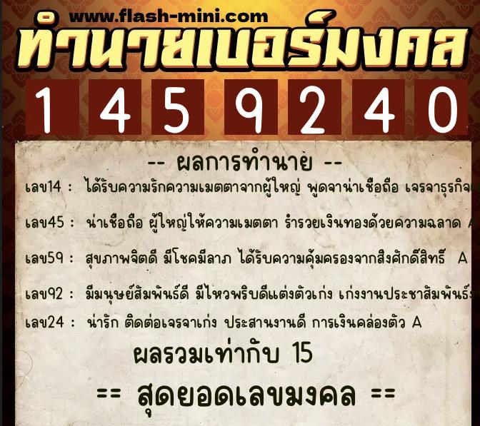 ทำนายเบอร์มงคล 0XX-1459240  ทำนายเบอร์มงคล หมายเลข 084-145924 