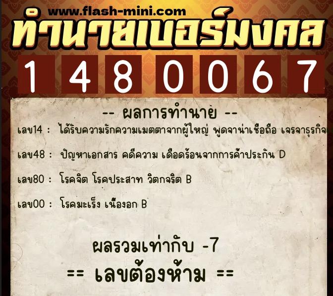 ทำนายเบอร์มงคล 0XX-1480067  ทำนายเบอร์มงคล หมายเลข 092-148006 