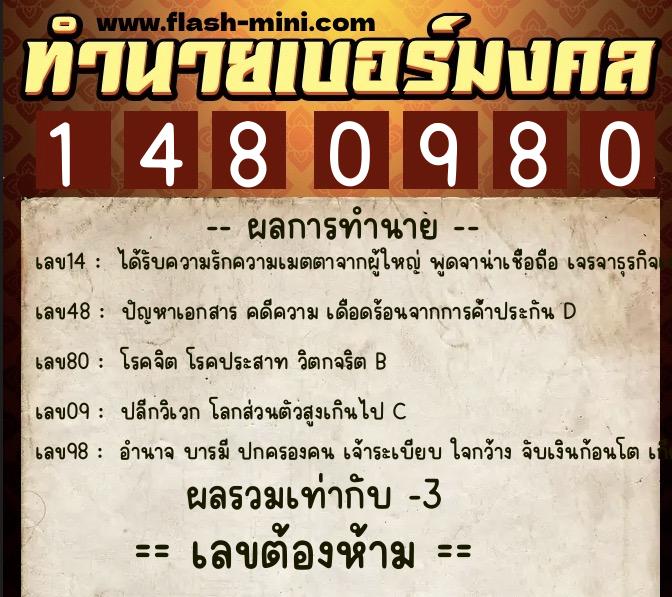 ทำนายเบอร์มงคล 0XX-1480980  ทำนายเบอร์มงคล หมายเลข 064-148098 