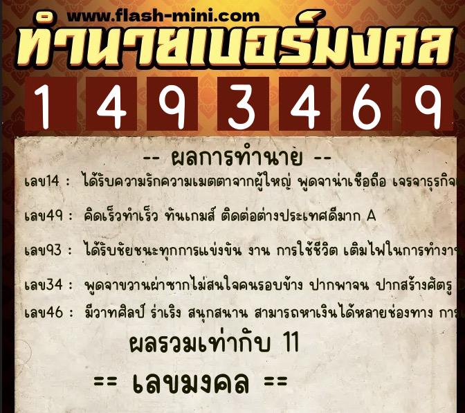 ทำนายเบอร์มงคล 0XX-1493469  ทำนายเบอร์มงคล หมายเลข 064-149346 