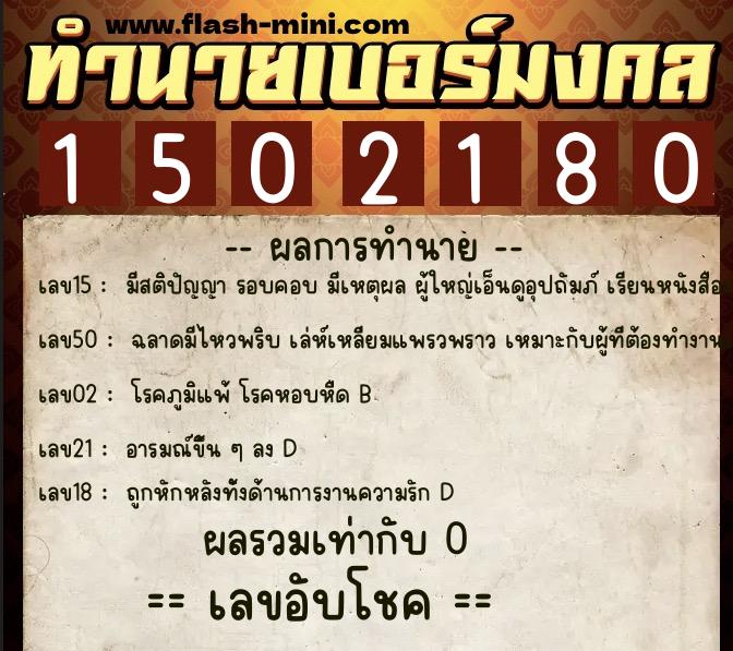 ทำนายเบอร์มงคล 0XX-1502180  ทำนายเบอร์มงคล หมายเลข 068-150218 