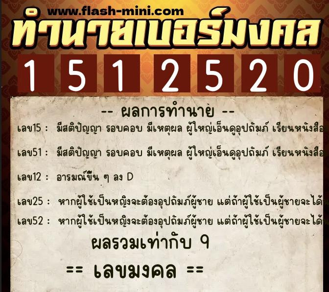 ทำนายเบอร์มงคล 0XX-1512520  ทำนายเบอร์มงคล หมายเลข 087-151252 