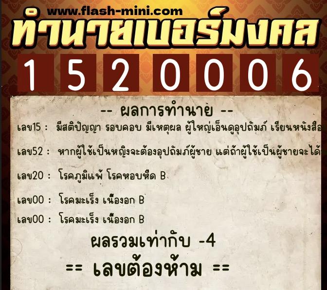 ทำนายเบอร์มงคล 0XX-1520006  ทำนายเบอร์มงคล หมายเลข 061-152000 