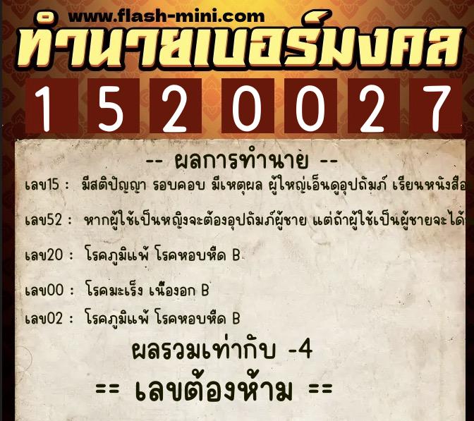 ทำนายเบอร์มงคล 0XX-1520027  ทำนายเบอร์มงคล หมายเลข 091-152002 