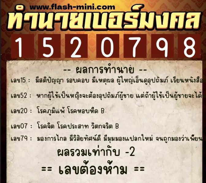 ทำนายเบอร์มงคล 0XX-1520798  ทำนายเบอร์มงคล หมายเลข 090-152079 