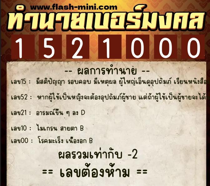 ทำนายเบอร์มงคล 0XX-1521000  ทำนายเบอร์มงคล หมายเลข 069-152100 
