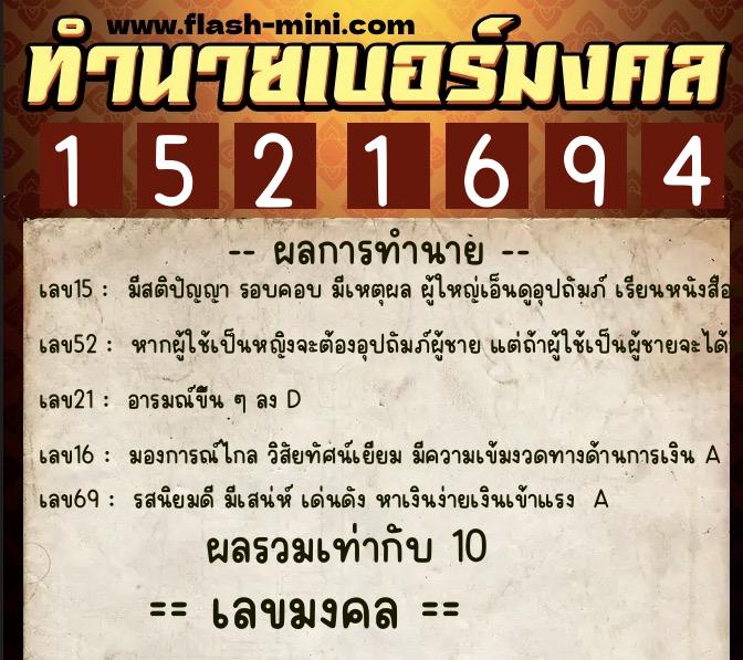 ทำนายเบอร์มงคล 0XX-1521694  ทำนายเบอร์มงคล หมายเลข 090-152169 
