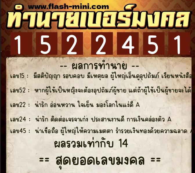 ทำนายเบอร์มงคล 0XX-1522451  ทำนายเบอร์มงคล หมายเลข 066-152245 