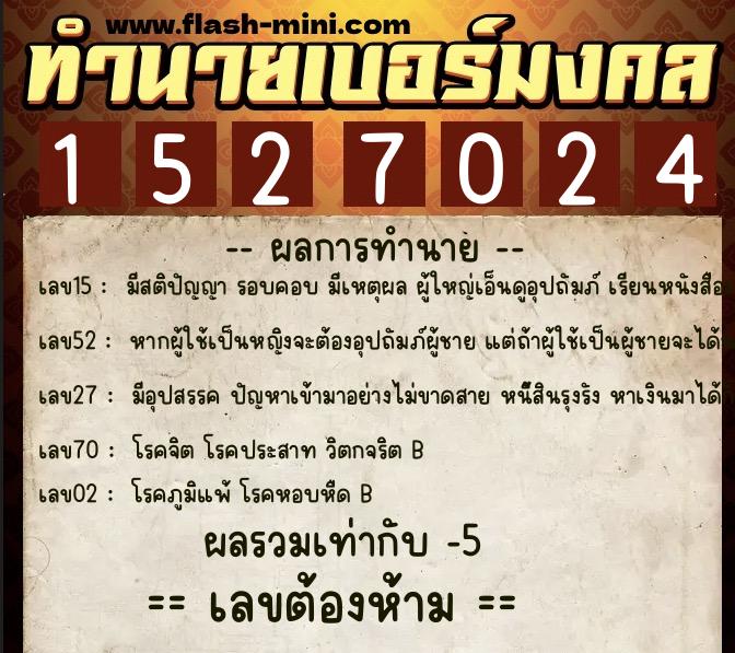 ทำนายเบอร์มงคล 0XX-1527024  ทำนายเบอร์มงคล หมายเลข 094-152702 