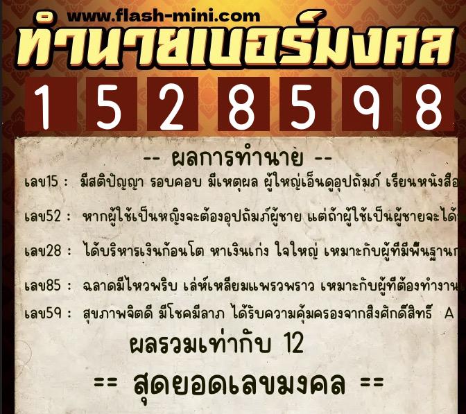 ทำนายเบอร์มงคล 0XX-1528598  ทำนายเบอร์มงคล หมายเลข 066-152859 
