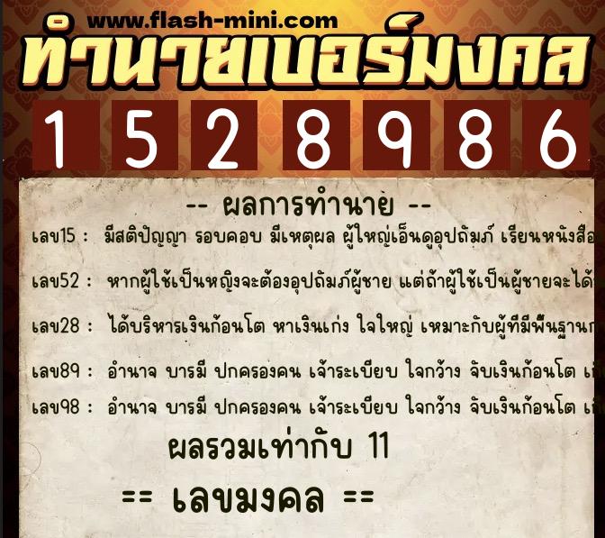 ทำนายเบอร์มงคล 0XX-1528986  ทำนายเบอร์มงคล หมายเลข 080-152898 