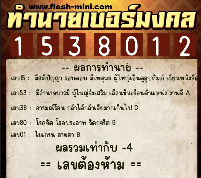 ทำนายเบอร์มงคล 0XX-1538012  ทำนายเบอร์มงคล หมายเลข 087-153801 