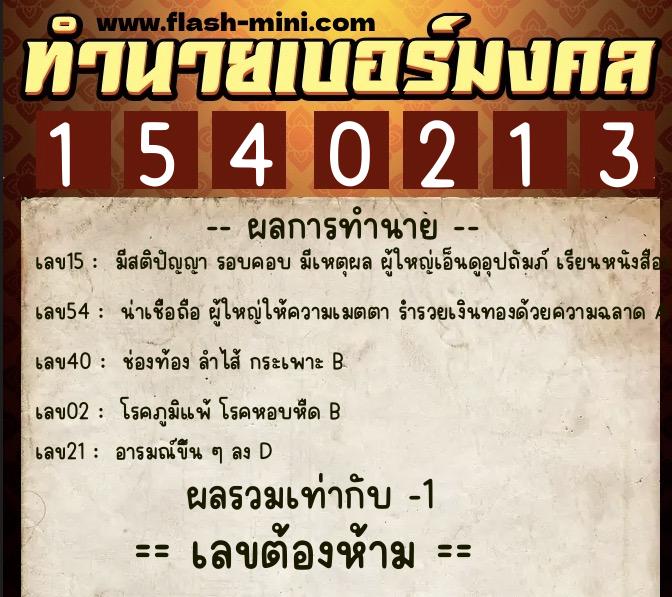 ทำนายเบอร์มงคล 0XX-1540213  ทำนายเบอร์มงคล หมายเลข 068-154021 