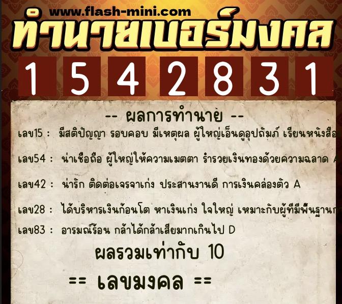 ทำนายเบอร์มงคล 0XX-1542831  ทำนายเบอร์มงคล หมายเลข 068-154283 